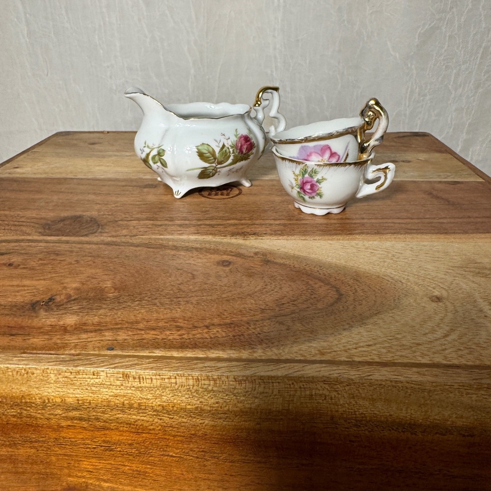 Miniature Porcelain Tea Set Creamer Teacups White Pink Gold Floral Vintage 3pc